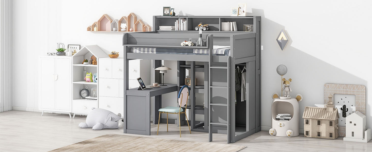 Wood Twin Size Loft Bed With Multiple Storage Shelves And Wardrobe, Gray Box Spring Not Required Twin Gray Wood Bedroom Solid Wood Mdf