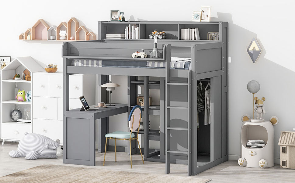 Wood Twin Size Loft Bed With Multiple Storage Shelves And Wardrobe, Gray Box Spring Not Required Twin Gray Wood Bedroom Solid Wood Mdf