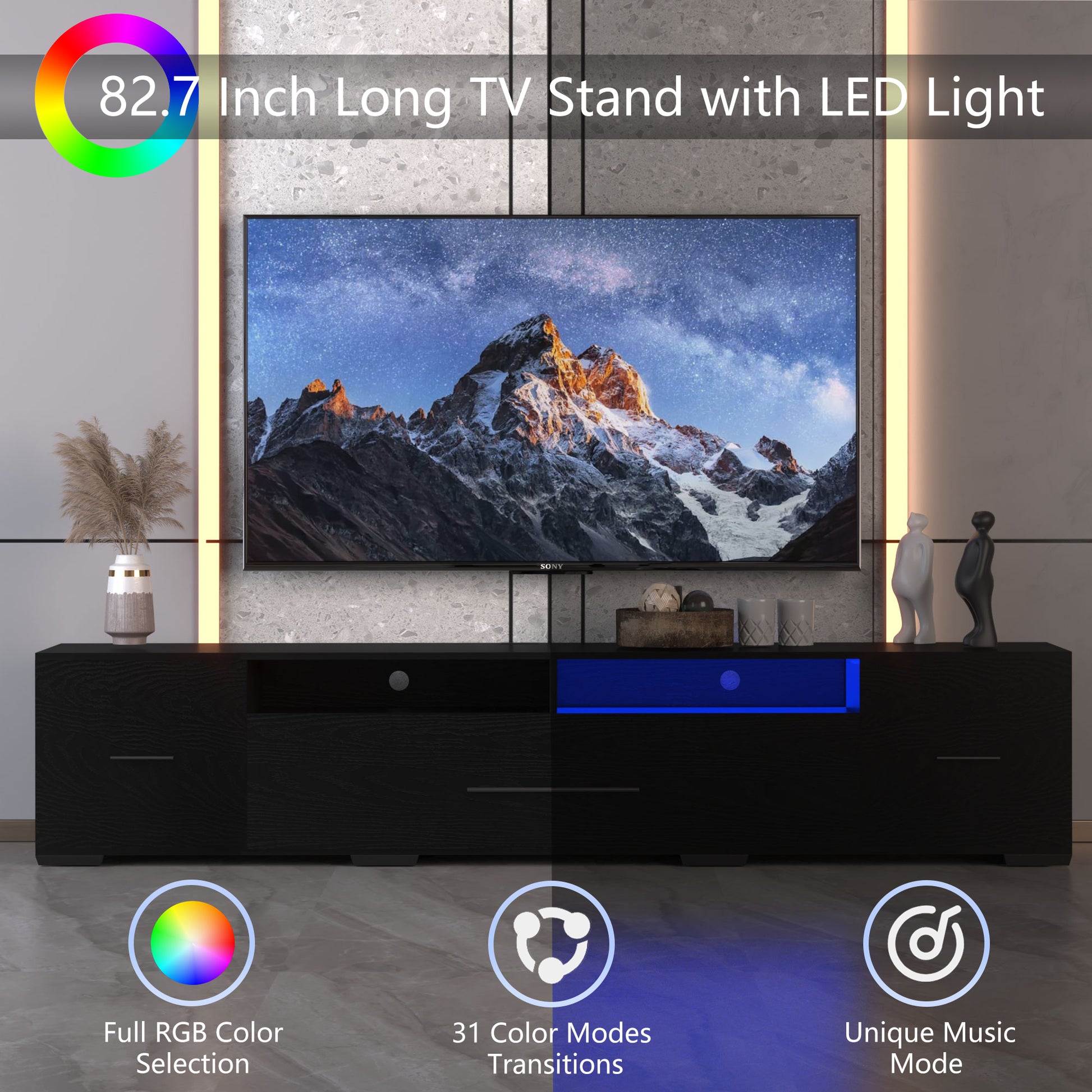 Video Tv Console With Storage Cabinets, Remote, App Control Long Led Tv Stand, Full Rgb Color Selection, 31 Modes Changing Lights Modern Entertainment Center With Power Cord Black, For 80 Inches Black Primary Living Space 80 89 Inches 80 89 Inches Modern