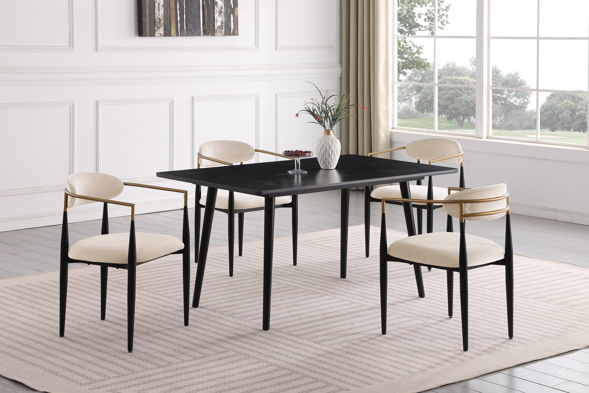 Modern Contemporary 5Pc Dining Set Black Sintered Stone Table And Taupe Chairs Fabric Upholstered Stylish Furniture Black Taupe Seats 4 Dining Room 60 Inches Contemporary,Modern,Ultra Modern Rectangular Dining Table With Chair Sintered Stone