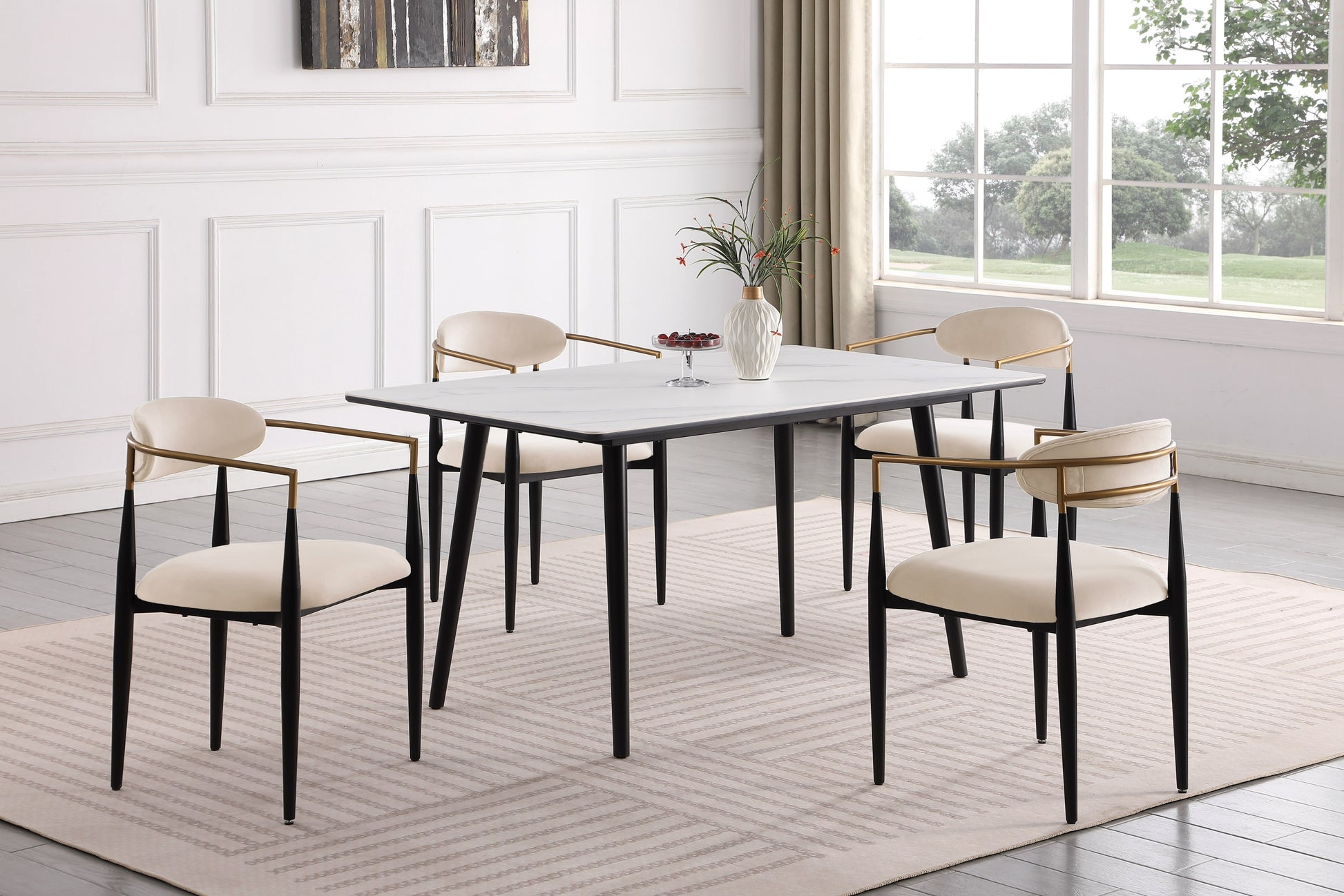 Modern Contemporary 5Pc Dining Set White Sintered Stone Table And Taupe Chairs Fabric Upholstered Stylish Furniture Taupe Seats 4 Dining Room 60 Inches Contemporary,Modern,Ultra Modern Rectangular Dining Table With Chair Sintered Stone