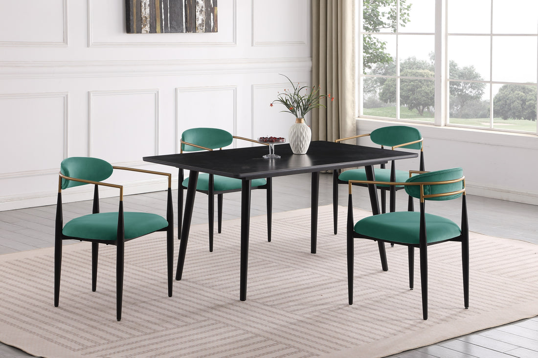 Modern Contemporary 5Pc Dining Set Black Sintered Stone Table And Green Chairs Fabric Upholstered Stylish Furniture Blackish Green Seats 4 Dining Room 60 Inches Contemporary,Modern,Ultra Modern Rectangular Dining Table With Chair Sintered Stone