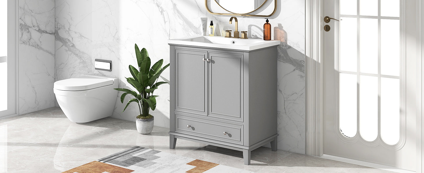 30" Bathroom Vanity With Sink Combo, Multi Functional Bathroom Cabinet With Doors And Drawer, Solid Frame And Mdf Board, Grey Grey Solid Wood Mdf