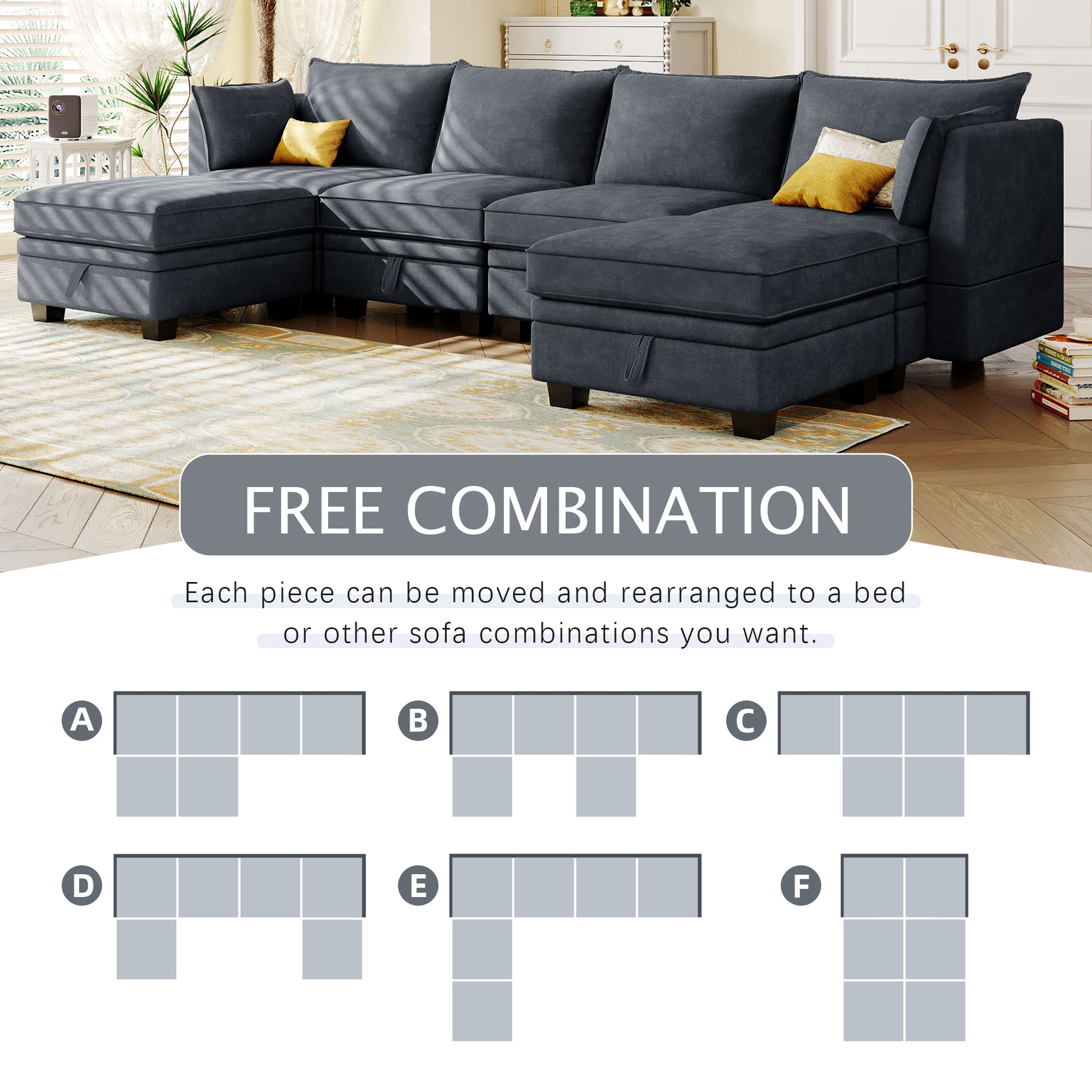 Modern Large U Shape Modular Sectional Sofa, Convertible Sofa Bed With Reversible Chaise For Living Room, Storage Seat Dark Grey Linen