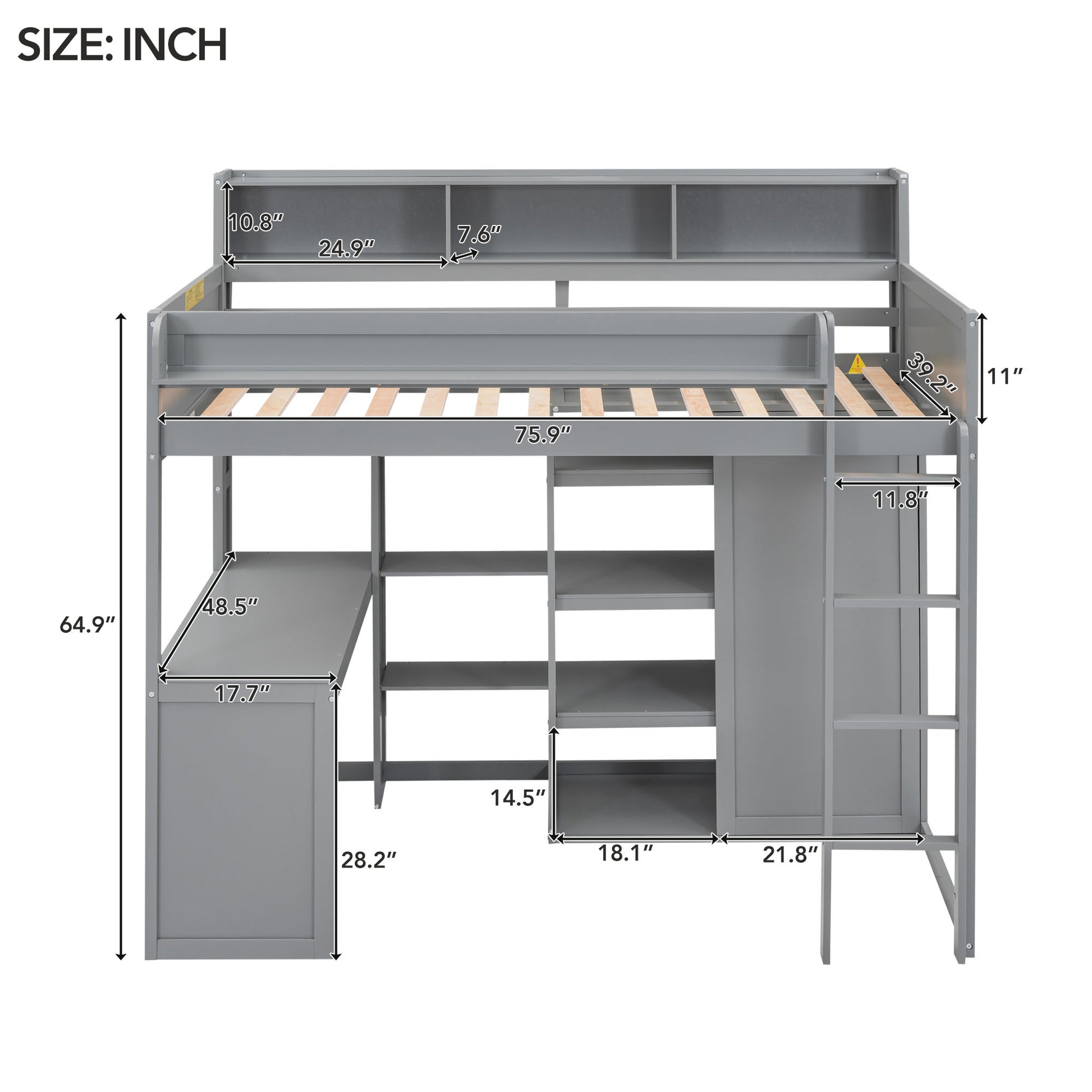 Wood Twin Size Loft Bed With Multiple Storage Shelves And Wardrobe, Gray Box Spring Not Required Twin Gray Wood Bedroom Solid Wood Mdf