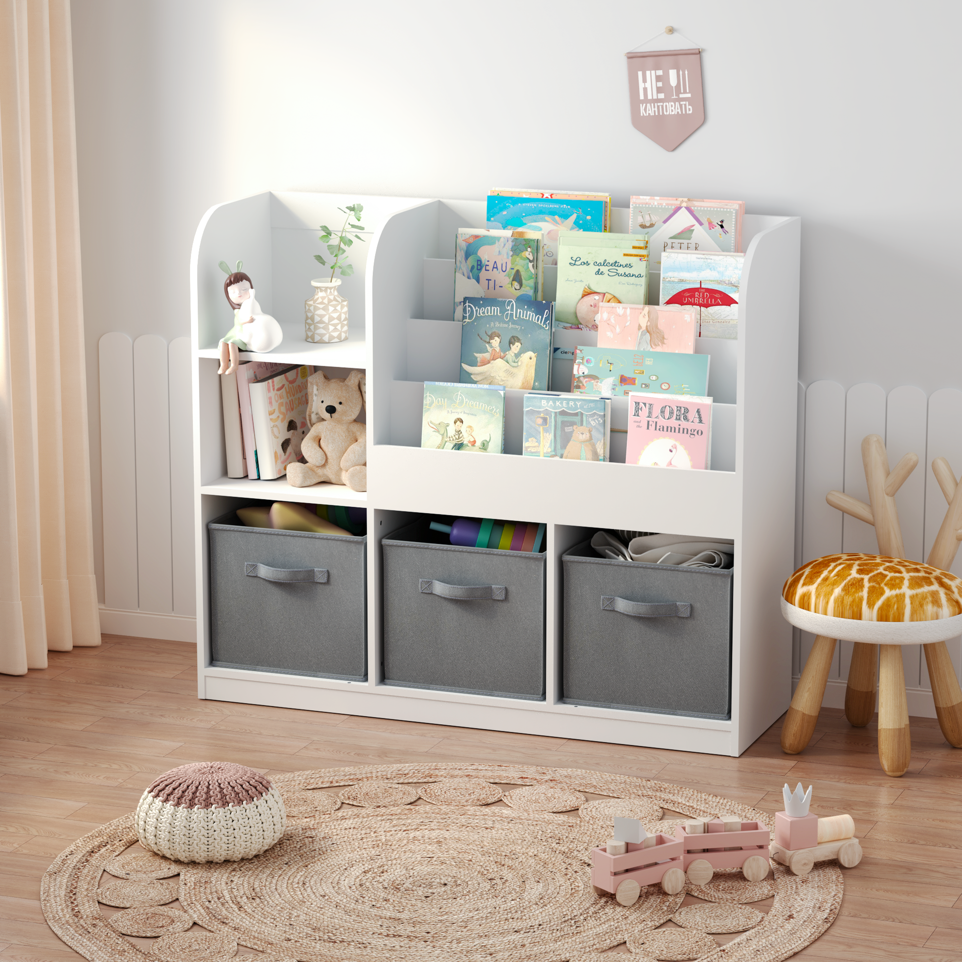 Kids Bookcase And Bookshelf, Multifunctional Bookcase With 3 Collapsible Fabric Drawers, Bookcase Display Stand, Toy Storage Organizer For Bedroom, Playroom, Hallway White Gray White Mdf