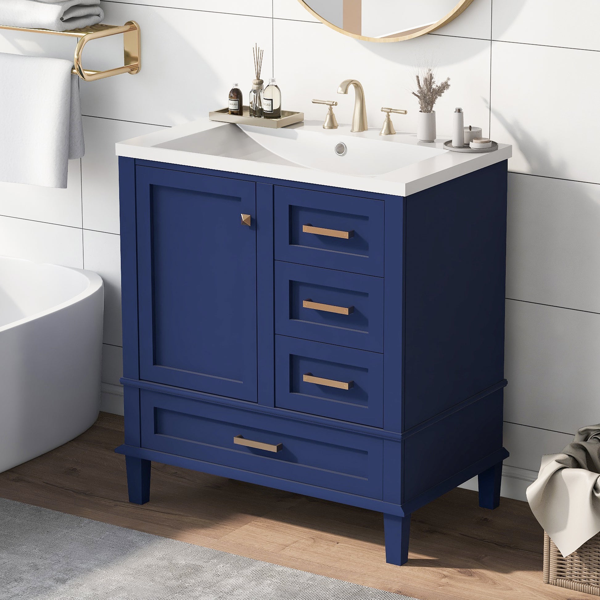 30" Bathroom Vanity, Modern Bathroom Cabinet With Sink Combo Set, Bathroom Storage Cabinet With A Soft Closing Door And 3 Drawers,Solid Wood Frame Resin Basin Blue Solid Wood Mdf