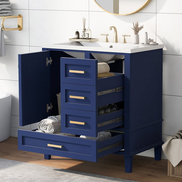 30" Bathroom Vanity, Modern Bathroom Cabinet With Sink Combo Set, Bathroom Storage Cabinet With A Soft Closing Door And 3 Drawers,Solid Wood Frame Resin Basin Blue Solid Wood Mdf