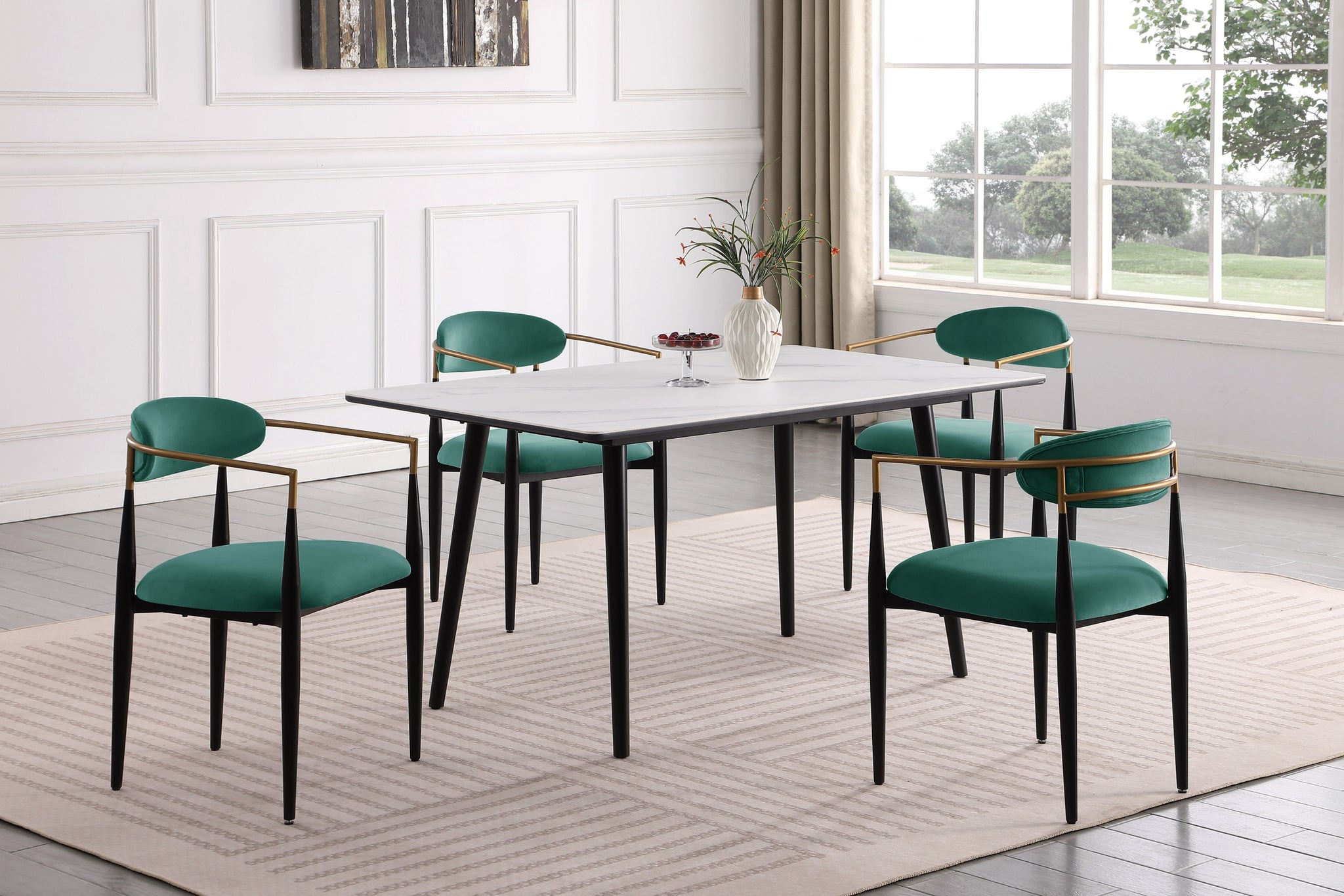 Modern Contemporary 5Pc Dining Set White Sintered Stone Table And Green Chairs Fabric Upholstered Stylish Furniture White Green Seats 4 Dining Room 60 Inches Contemporary,Modern,Ultra Modern Rectangular Dining Table With Chair Sintered Stone