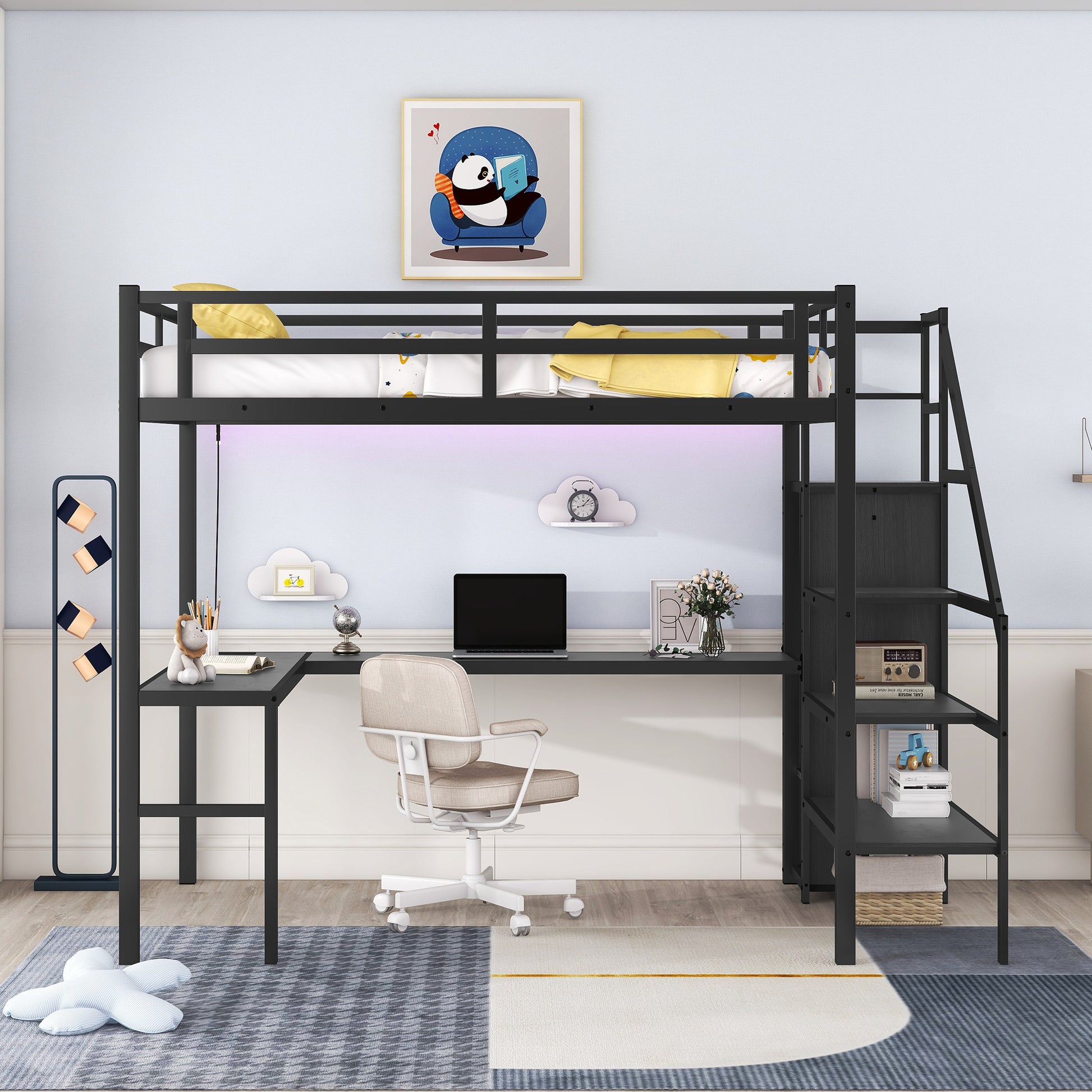 Full Size Loft Bed With L Shaped Desk And Usb, Metal Loft Bed With Wardrobe And Adjustable Shelf, High Loft Bed With Led For Kids Teens Adults, Black Black Metal