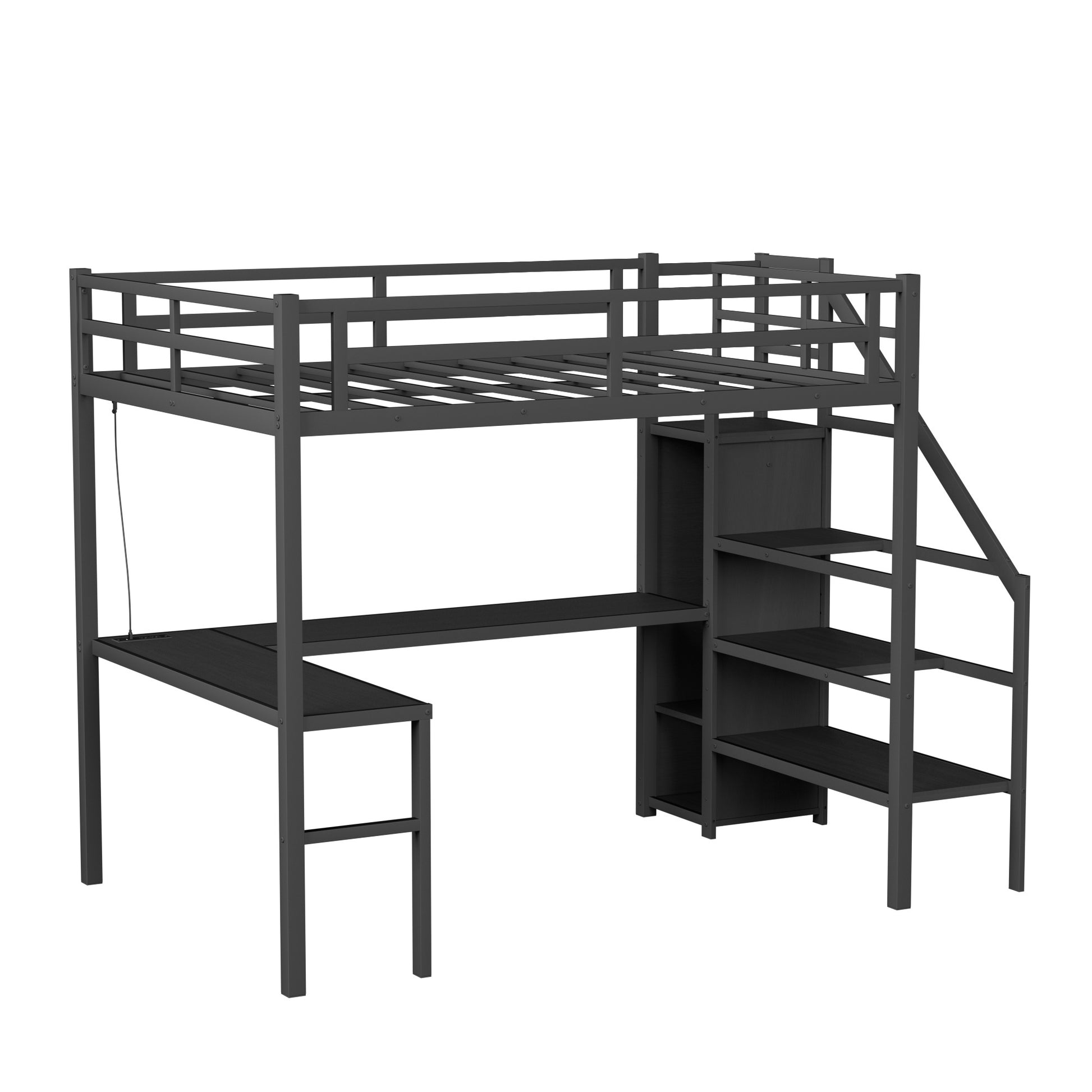 Full Size Loft Bed With L Shaped Desk And Usb, Metal Loft Bed With Wardrobe And Adjustable Shelf, High Loft Bed With Led For Kids Teens Adults, Black Black Metal