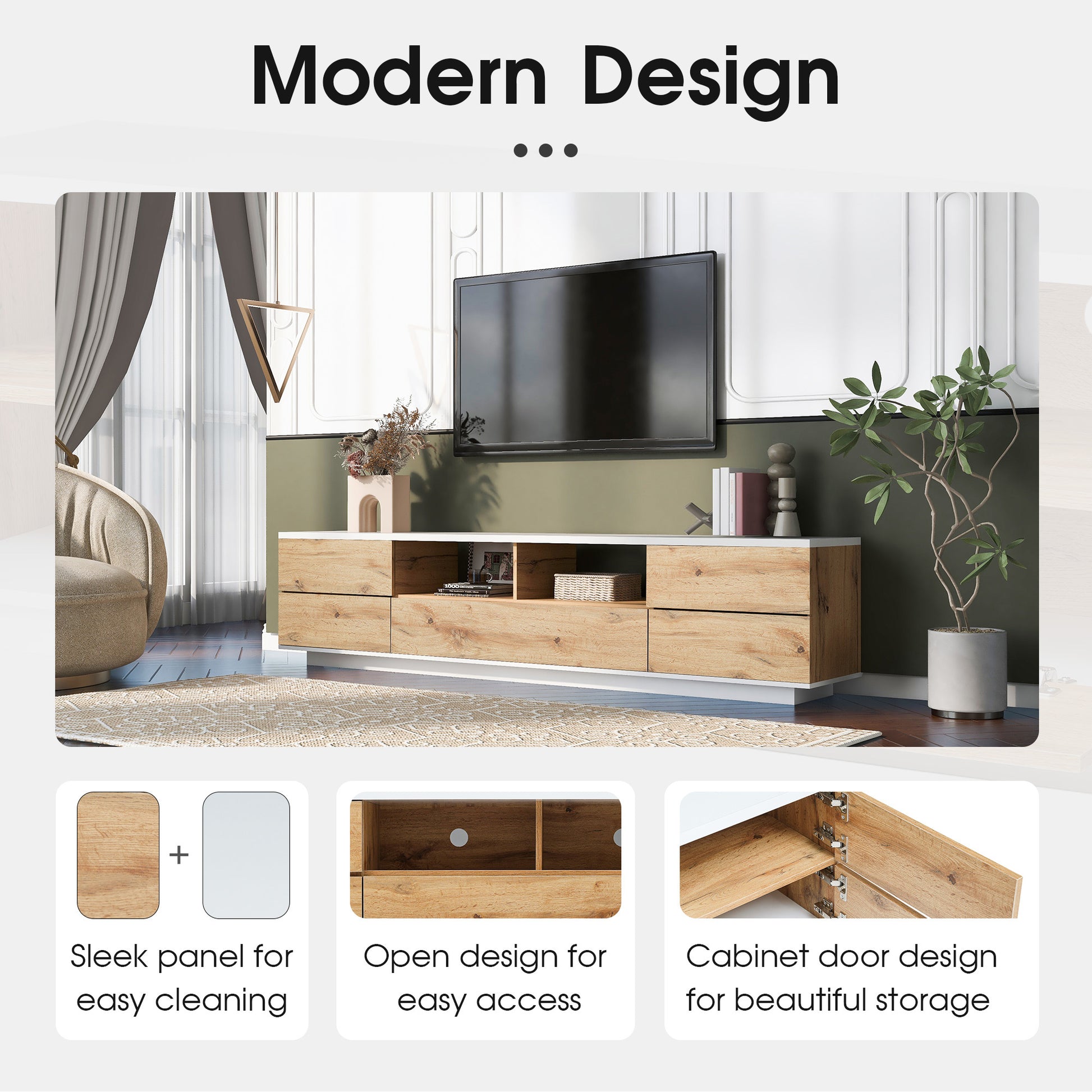 Modern Tv Stand For Tvs Up To 80''Media Console With Multi Functional Storage, Entertainment Center With Door Rebound Device, Tv Cabinet For Living Room,Bedroom White Natural Primary Living Space 70 79 Inches 70 79 Inches 75 Inches Mdf Metal