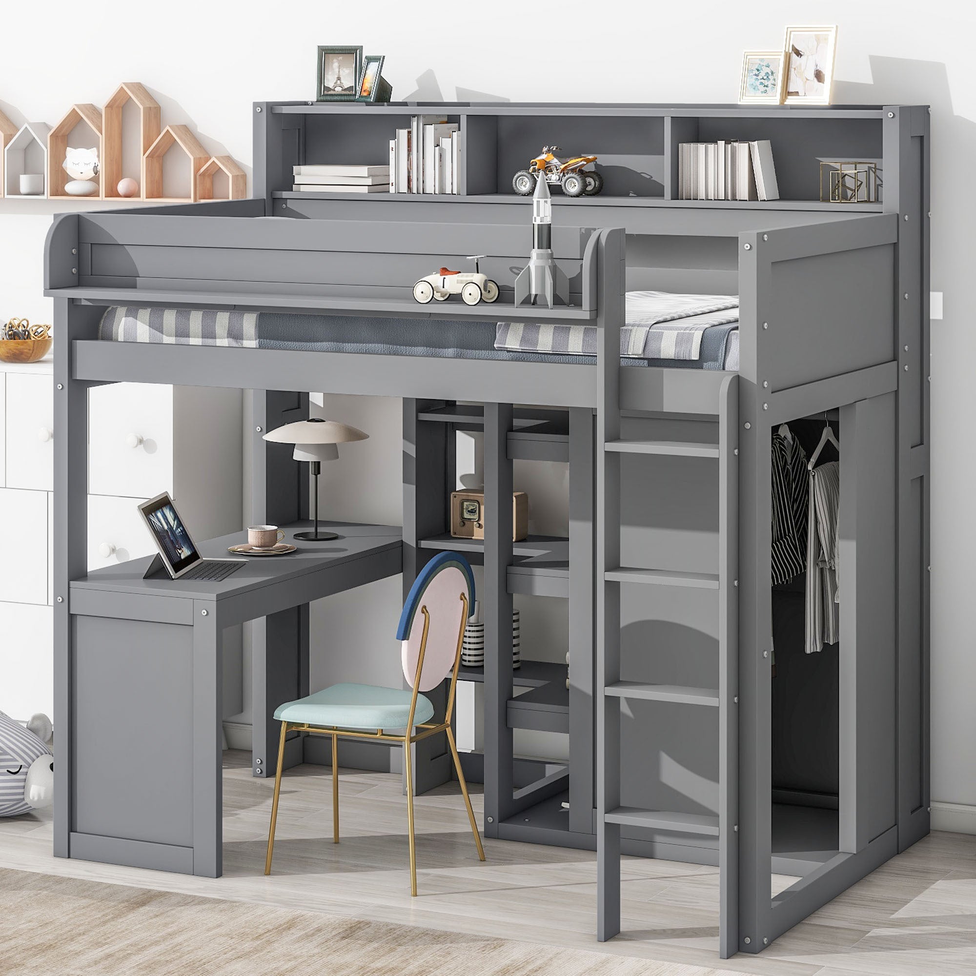 Wood Twin Size Loft Bed With Multiple Storage Shelves And Wardrobe, Gray Box Spring Not Required Twin Gray Wood Bedroom Solid Wood Mdf