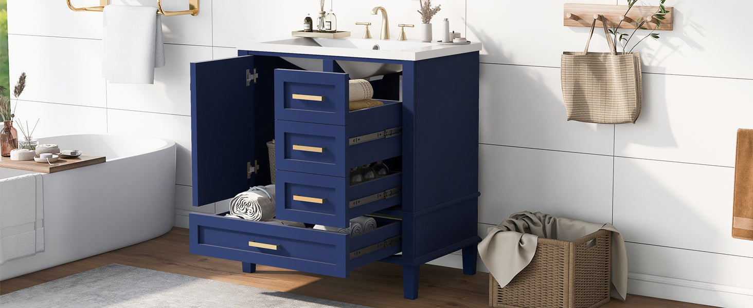 30" Bathroom Vanity, Modern Bathroom Cabinet With Sink Combo Set, Bathroom Storage Cabinet With A Soft Closing Door And 3 Drawers,Solid Wood Frame Resin Basin Blue Solid Wood Mdf