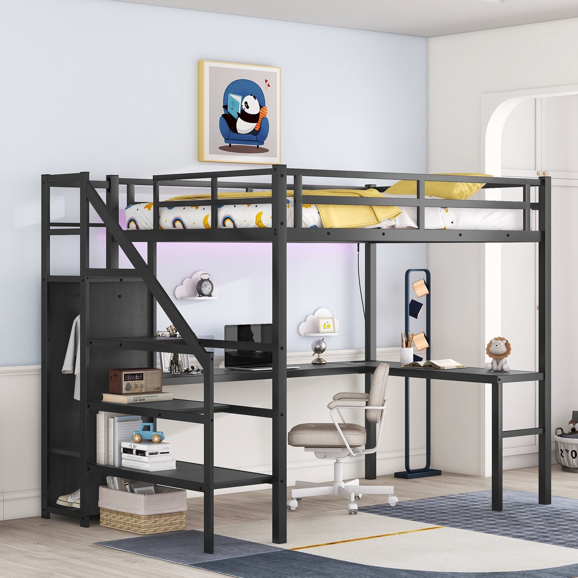 Full Size Loft Bed With L Shaped Desk And Usb, Metal Loft Bed With Wardrobe And Adjustable Shelf, High Loft Bed With Led For Kids Teens Adults, Black Black Metal