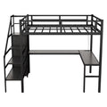 Full Size Loft Bed With L Shaped Desk And Usb, Metal Loft Bed With Wardrobe And Adjustable Shelf, High Loft Bed With Led For Kids Teens Adults, Black Black Metal