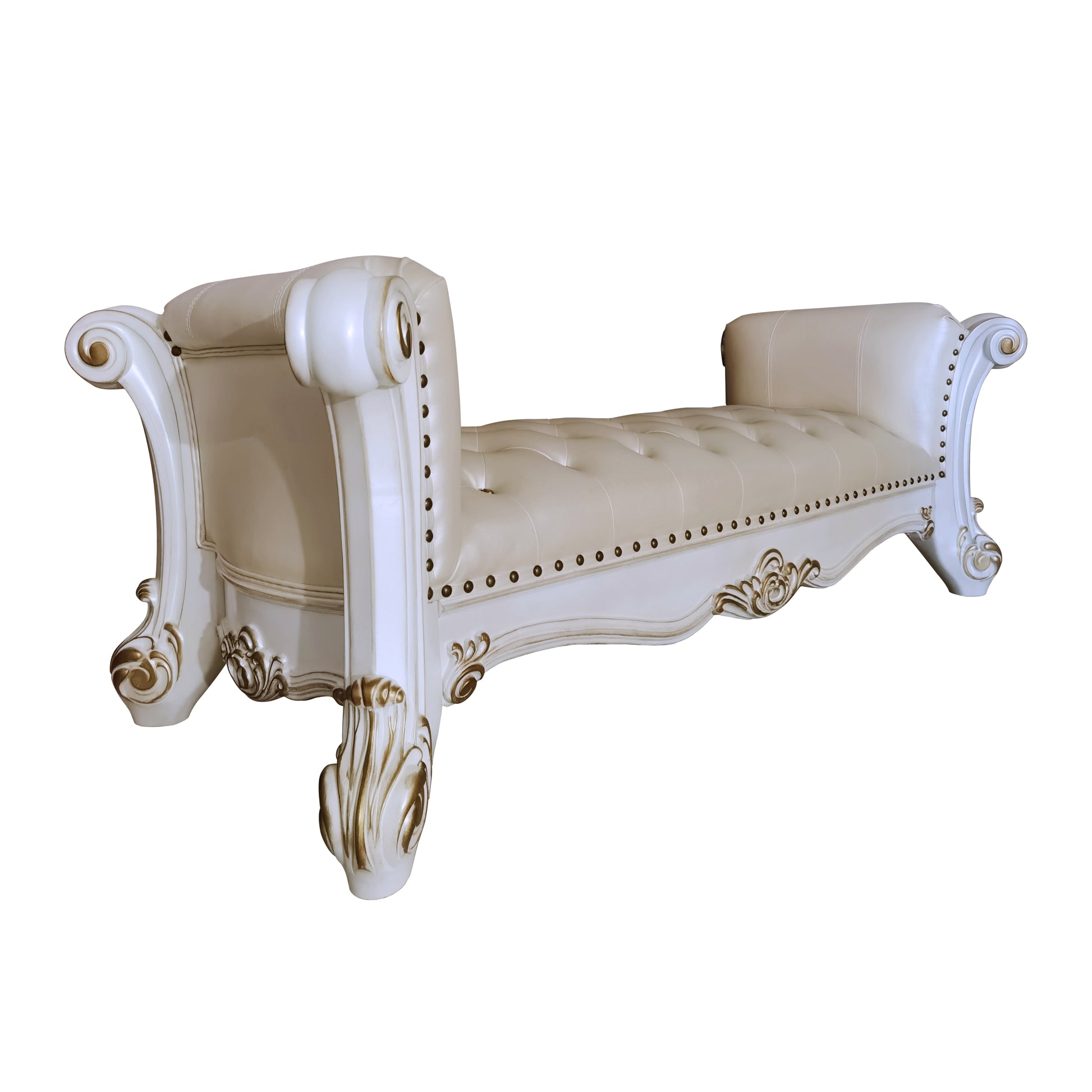 Vendome Bench, Synthetic Leather & Antique Pearl Finish Bd01522 Antique White Pu Leather