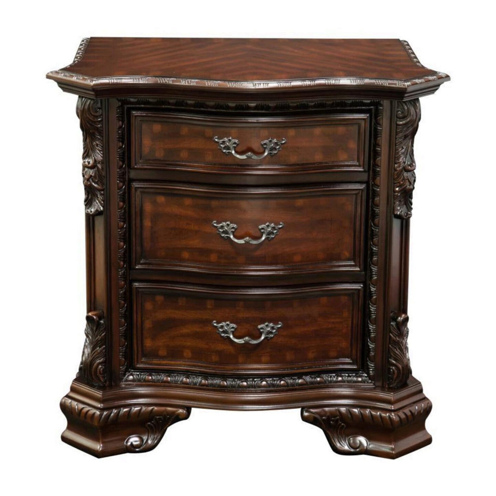 Formal Traditional 1Pc Nightstand Only Brown Cherry Solid Wood 3 Drawers Intricate Accents Glides Bronze Hanging Pulls Bedroom Furniture Brown Brown 3 Drawers Bedroom Bedside Cabinet Traditional Drawers Cherry Solid Wood