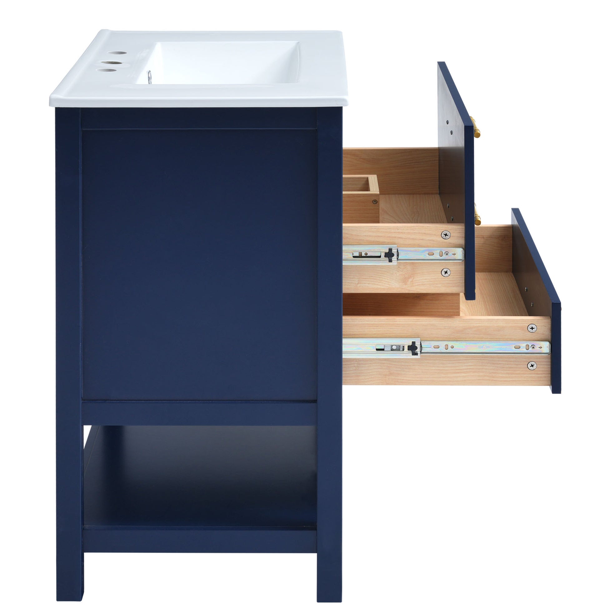 Viedo Modern 30Inch Navy Blue White Bathroom Vanity Cabinet Combo With Openstorge, Two Drawers Blue Solid Wood Mdf