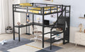 Full Size Loft Bed With L Shaped Desk And Usb, Metal Loft Bed With Wardrobe And Adjustable Shelf, High Loft Bed With Led For Kids Teens Adults, Black Black Metal