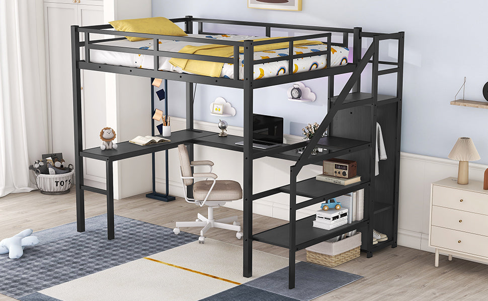 Full Size Loft Bed With L Shaped Desk And Usb, Metal Loft Bed With Wardrobe And Adjustable Shelf, High Loft Bed With Led For Kids Teens Adults, Black Black Metal