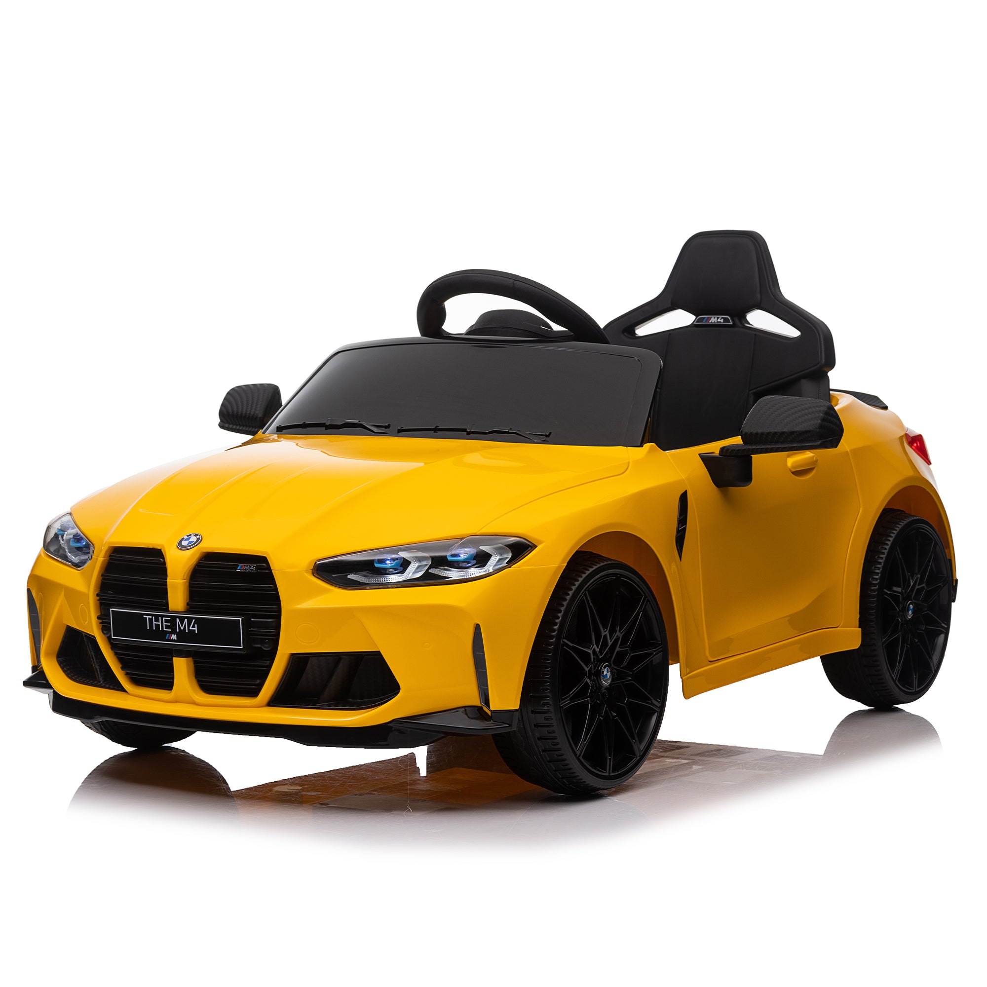 Bmw M4 12V Kids Ride On Toy Car 2.4G W Parents Remote Control,Three Speed Adjustable,Power Display, Usb,Mp3 ,Bluetooth,Led Light,Story,A Handle With Wheels And A Pull, Easy To Carry Yellow Polyethylene