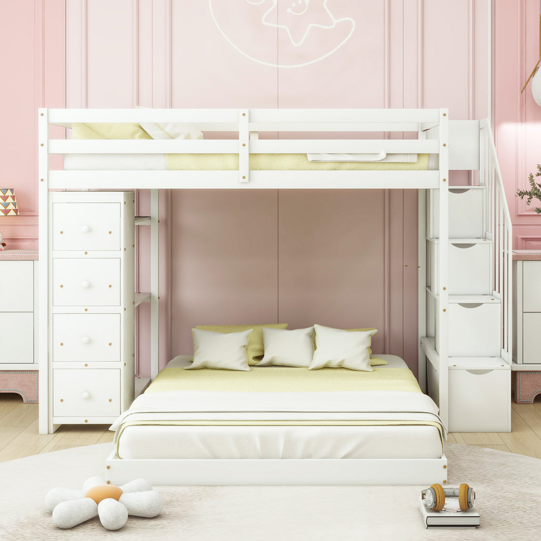 Twin Over Full Bunk Bed With 3 Layer Shelves, Drawers And Storage Stairs, White White Solid Wood Mdf