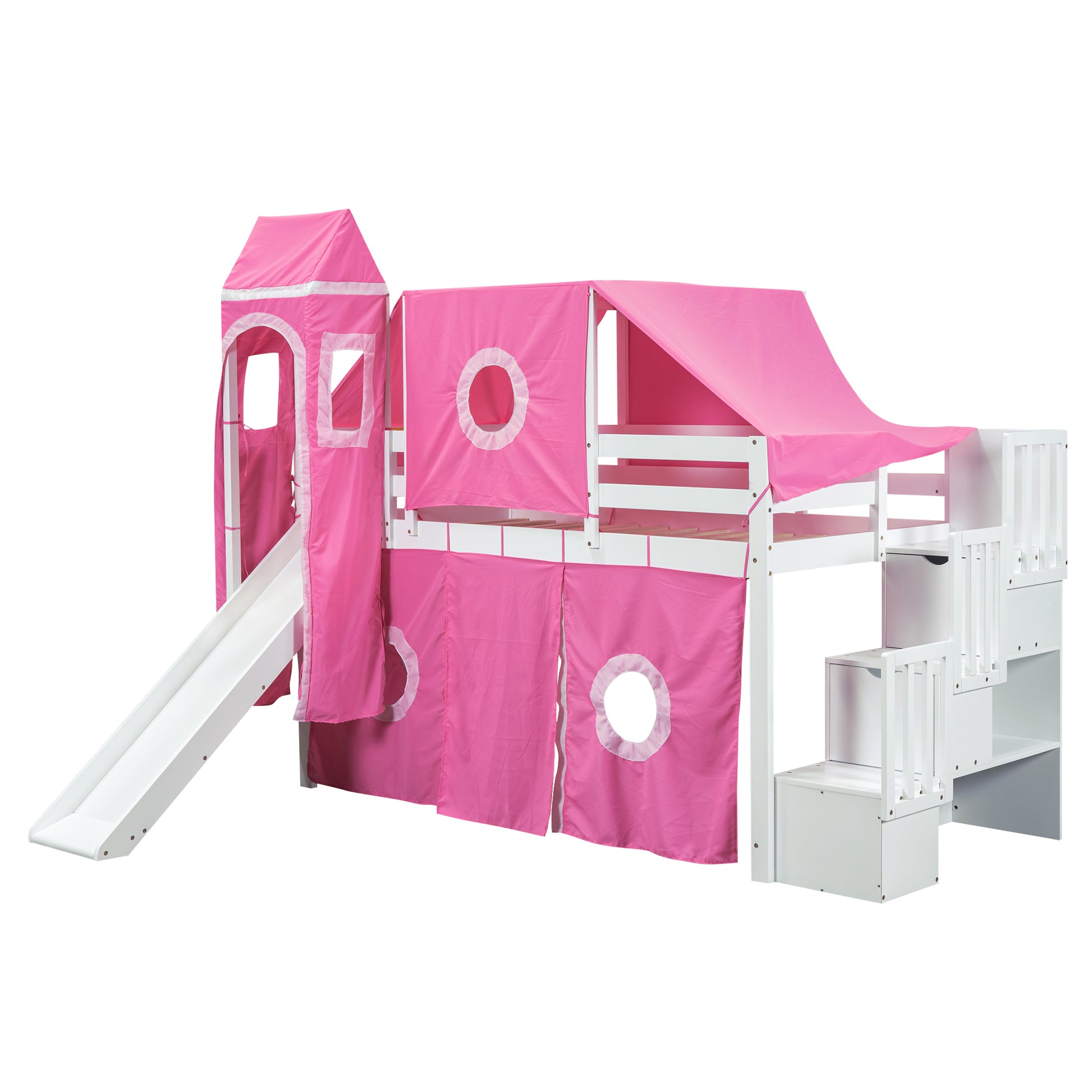 Twin Size Loft Bed With Tent And Tower Pink Pink Solid Wood