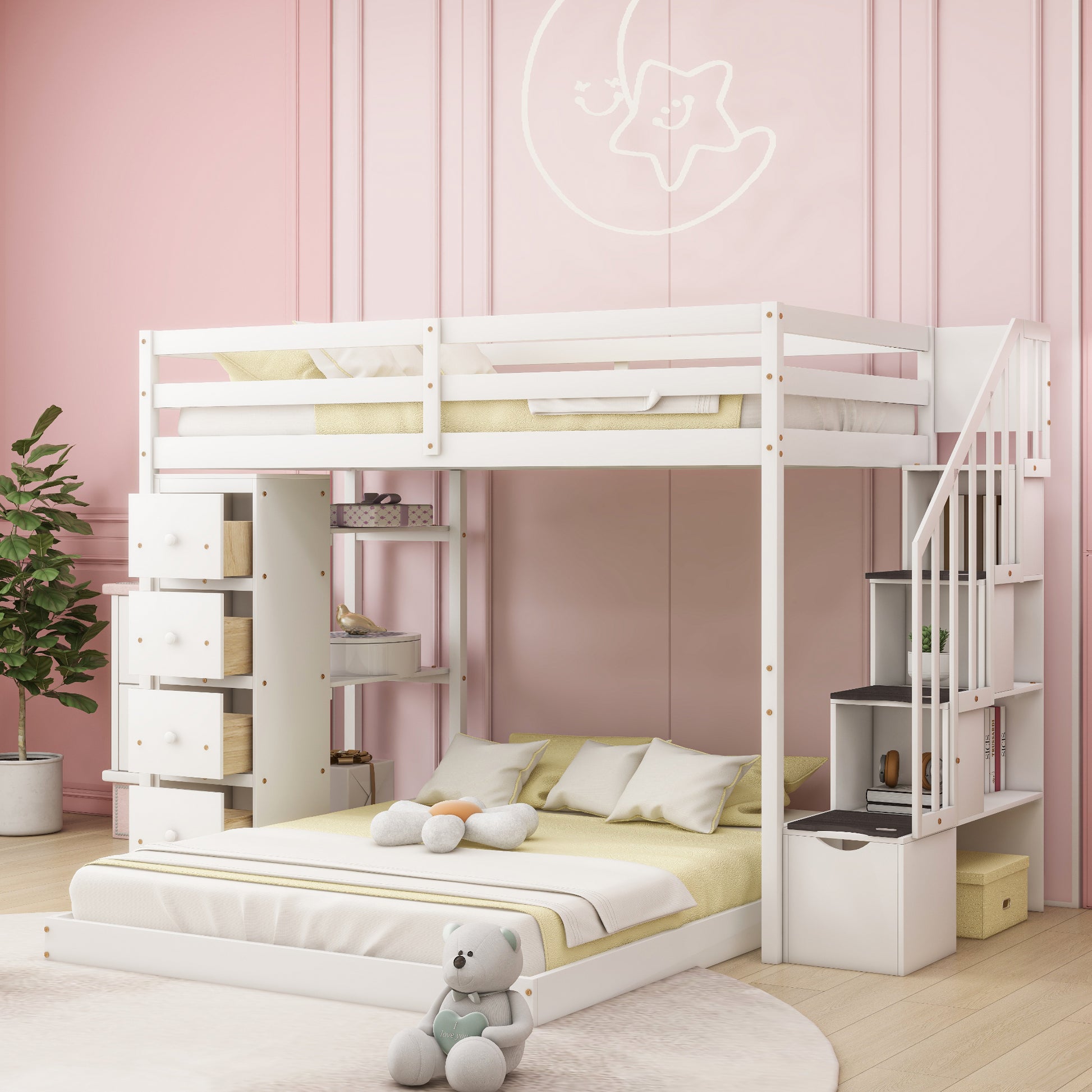 Twin Over Full Bunk Bed With 3 Layer Shelves, Drawers And Storage Stairs, White White Solid Wood Mdf