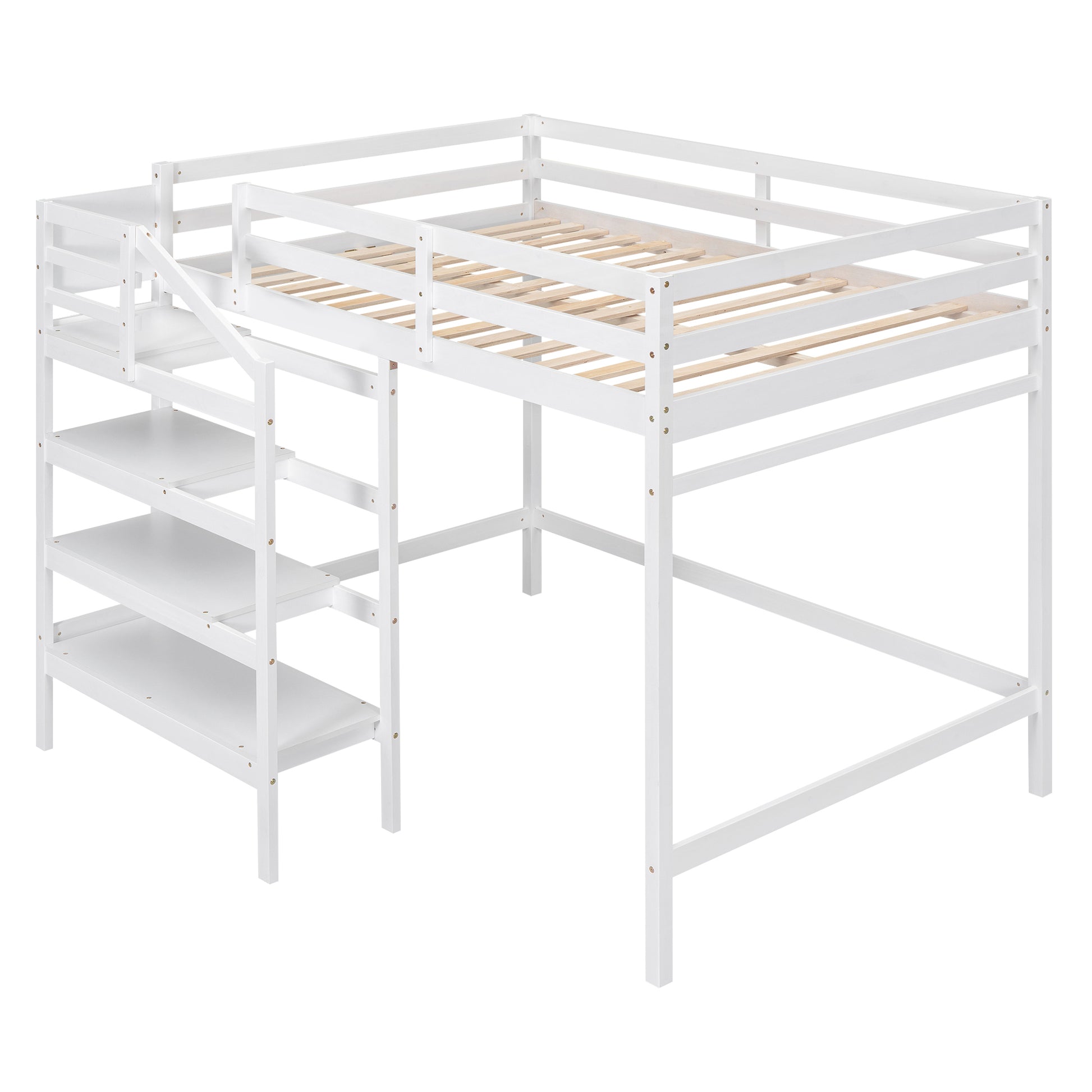 Full Size Loft Bed With Built In Storage Staircase And Hanger For Clothes, White Box Spring Not Required Full White Wood Bedroom Pine