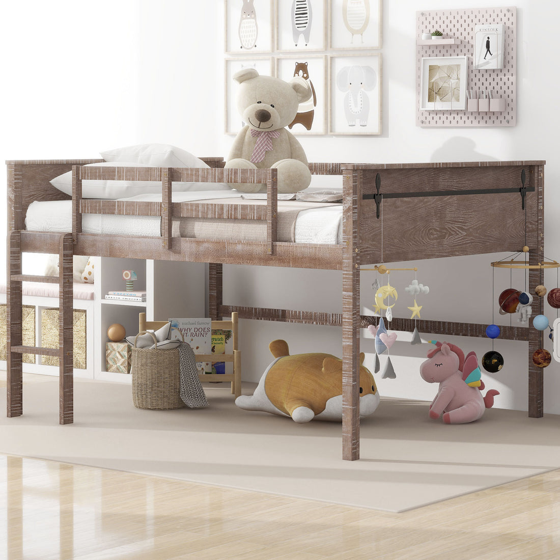 Wood Full Size Loft Bed With Hanging Clothes Racks, White Rustic Natural Box Spring Not Required Full Natural Wood Bedroom Solid Wood Mdf