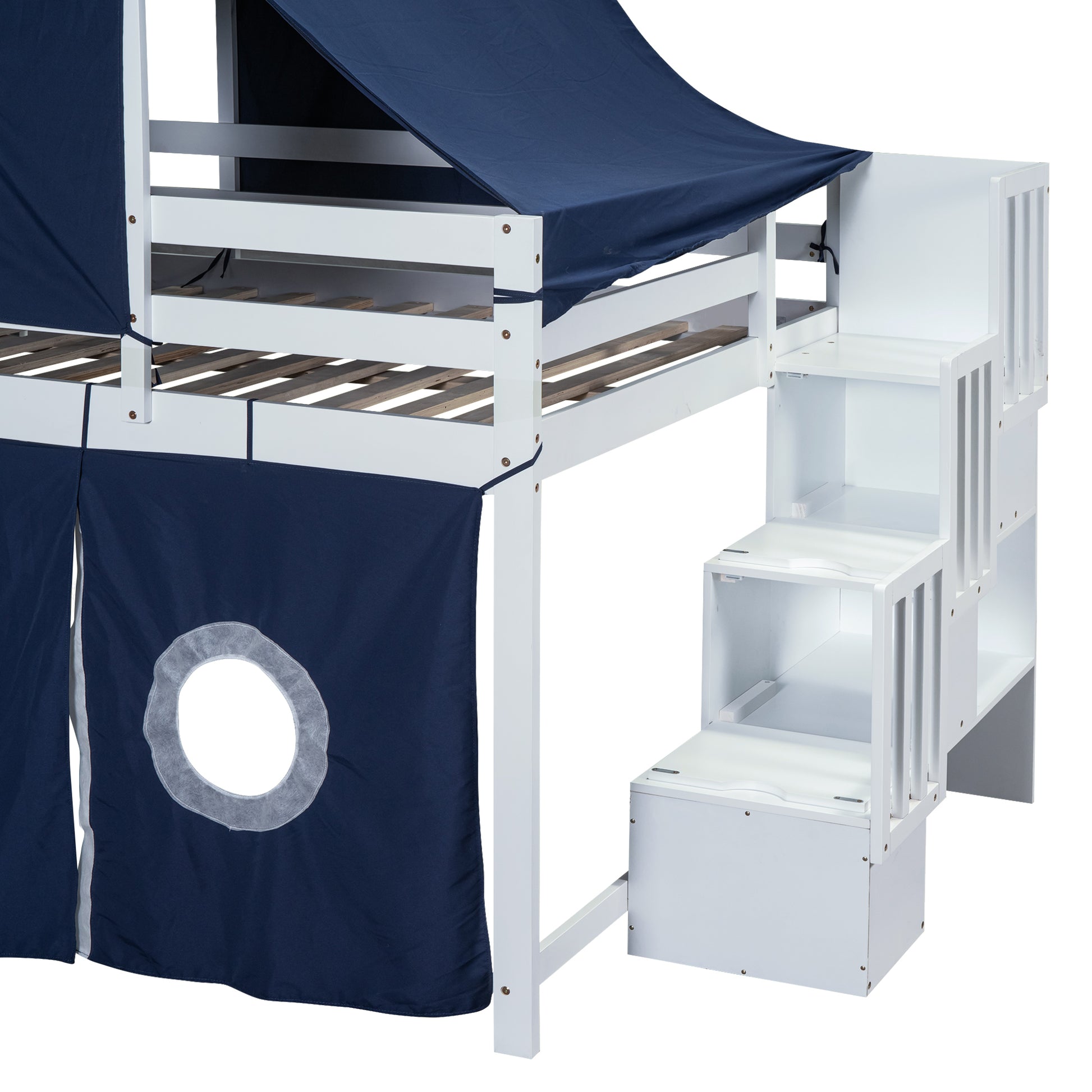 Full Size Loft Bed With Tent And Tower Blue Blue Solid Wood