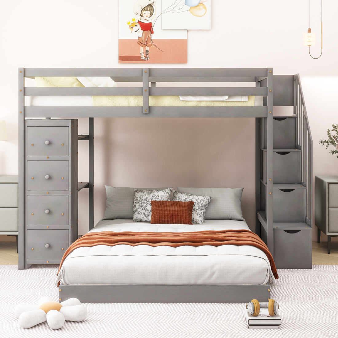 Twin Over Full Bunk Bed With 3 Layer Shelves, Drawers And Storage Stairs, Gray Gray Solid Wood Mdf