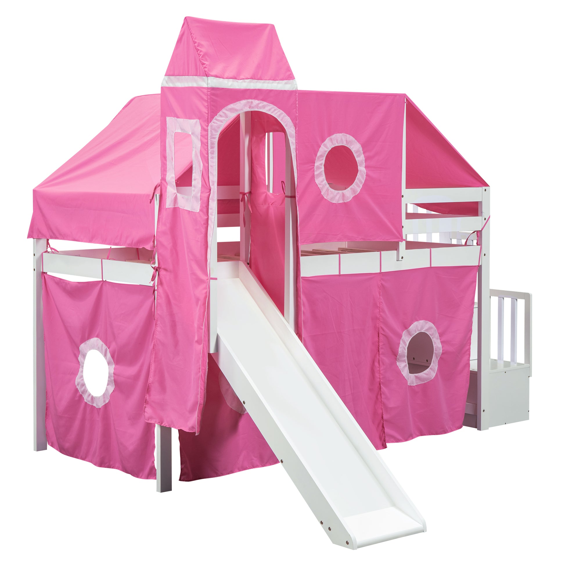 Twin Size Loft Bed With Tent And Tower Pink Pink Solid Wood