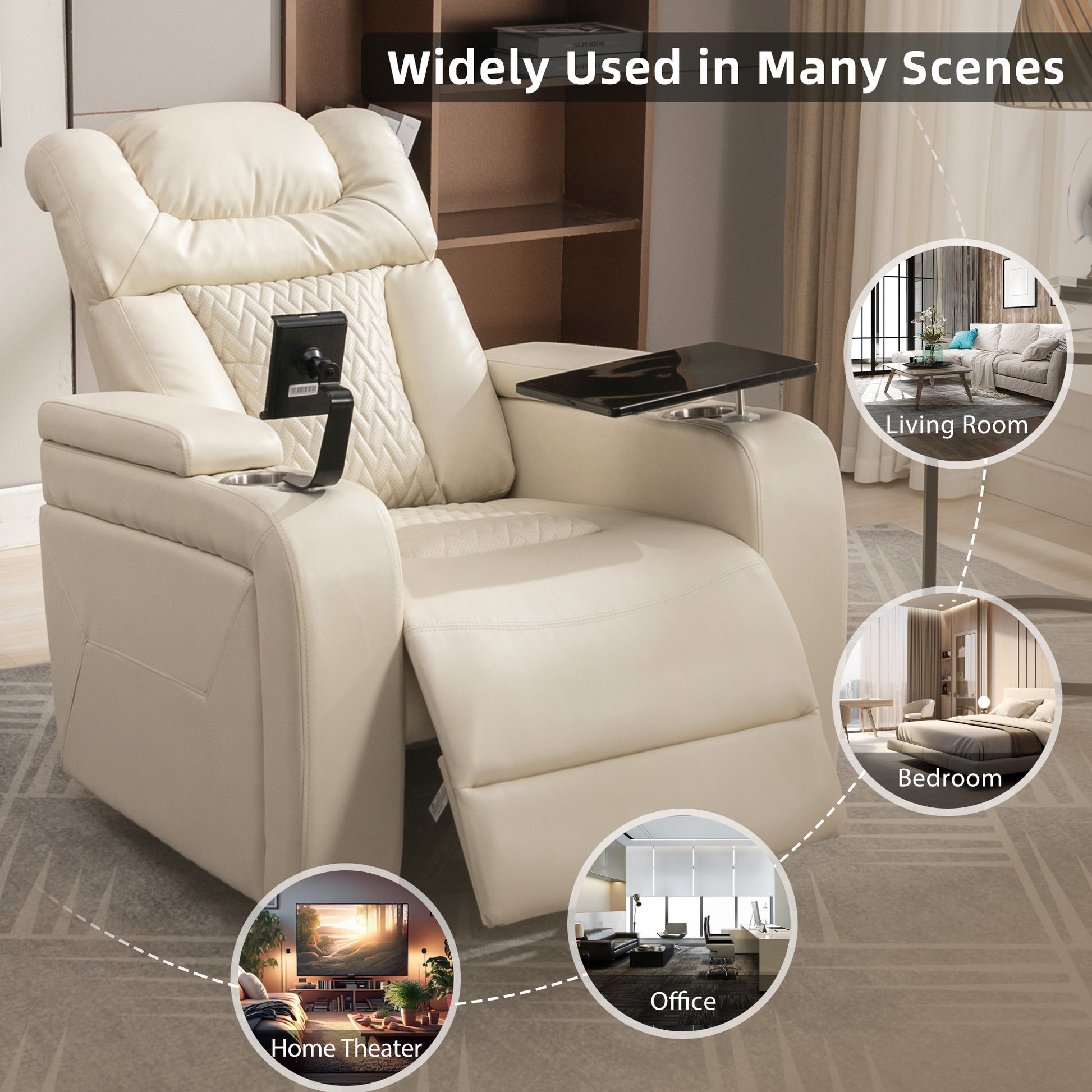 270 Degree Swivel Pu Leather Power Recliner Individual Seat Home Theater Recliner With Comforable Backrest, Tray Table, Phone Holder, Cup Holder, Usb Port, Hidden Arm Storage For Living Room, White White Foam Pu Leather