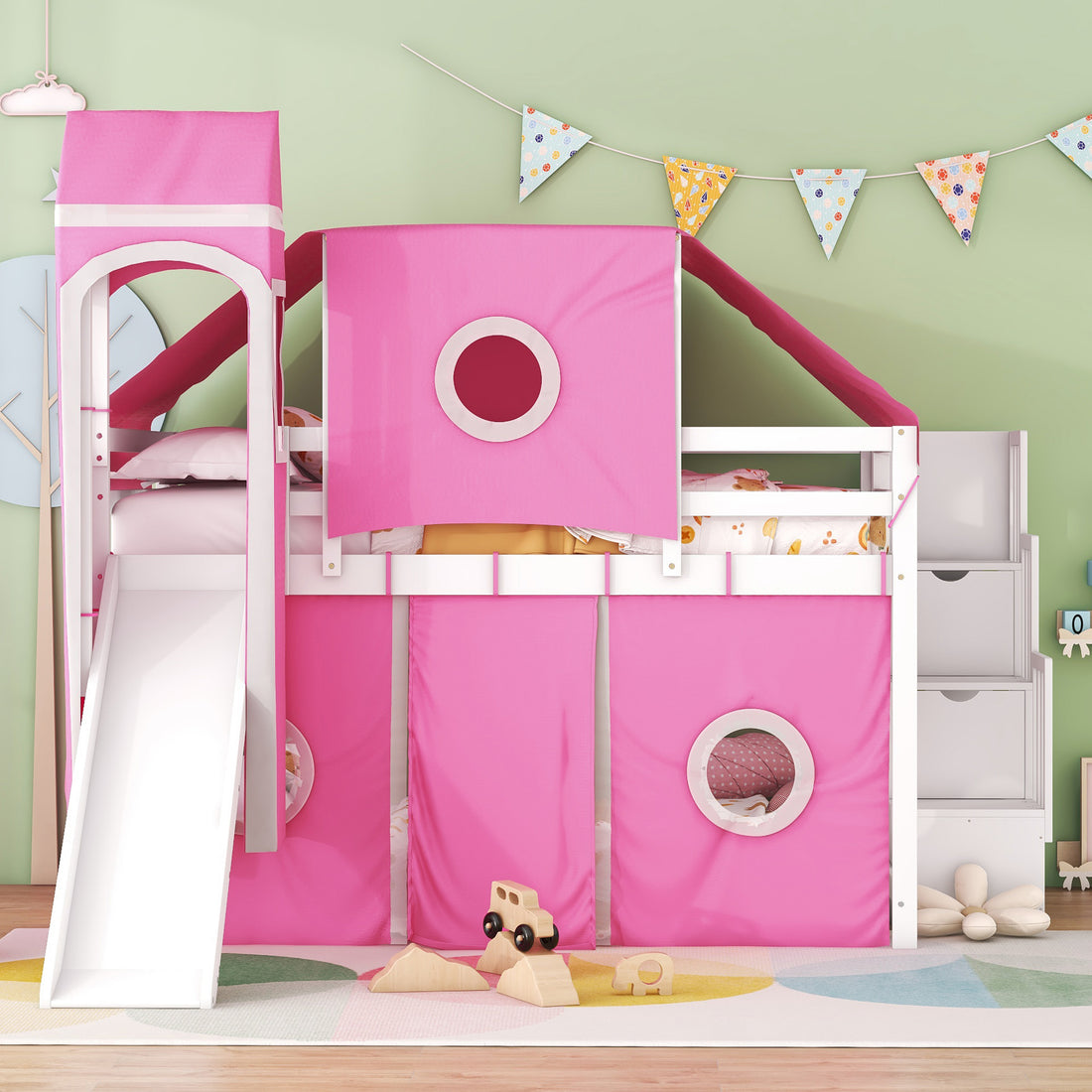 Full Size Loft Bed With Tent And Tower Pink Pink Solid Wood