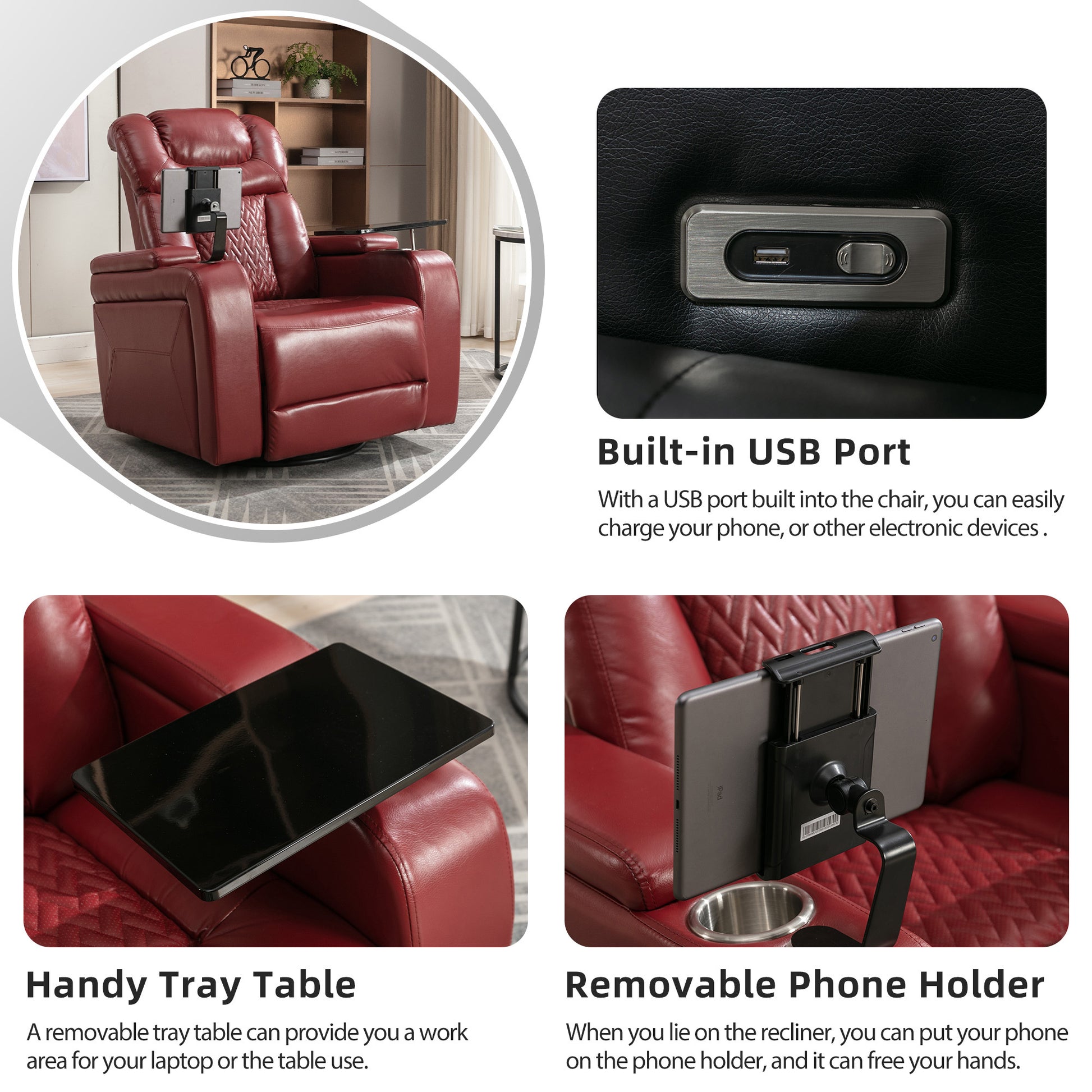 270 Degree Swivel Pu Leather Power Recliner Individual Seat Home Theater Recliner With Comforable Backrest, Tray Table, Phone Holder, Cup Holder, Usb Port, Hidden Arm Storage For Living Room, Red Red Foam Pu Leather