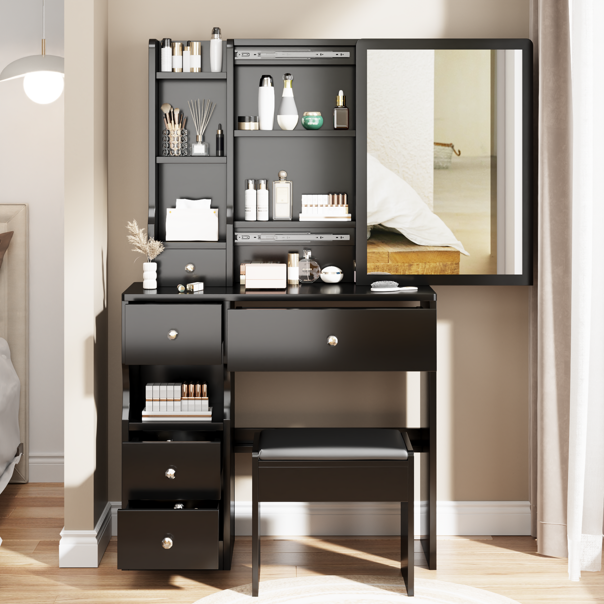 Small Space Left Drawer Desktop Vanity Table Cushioned Stool, Extra Large Right Sliding Mirror, Multi Layer High Capacity Storage, Practical Fashionable Dresser, Suitable For Girls Up To 5.6Ft Tall Black Mdf