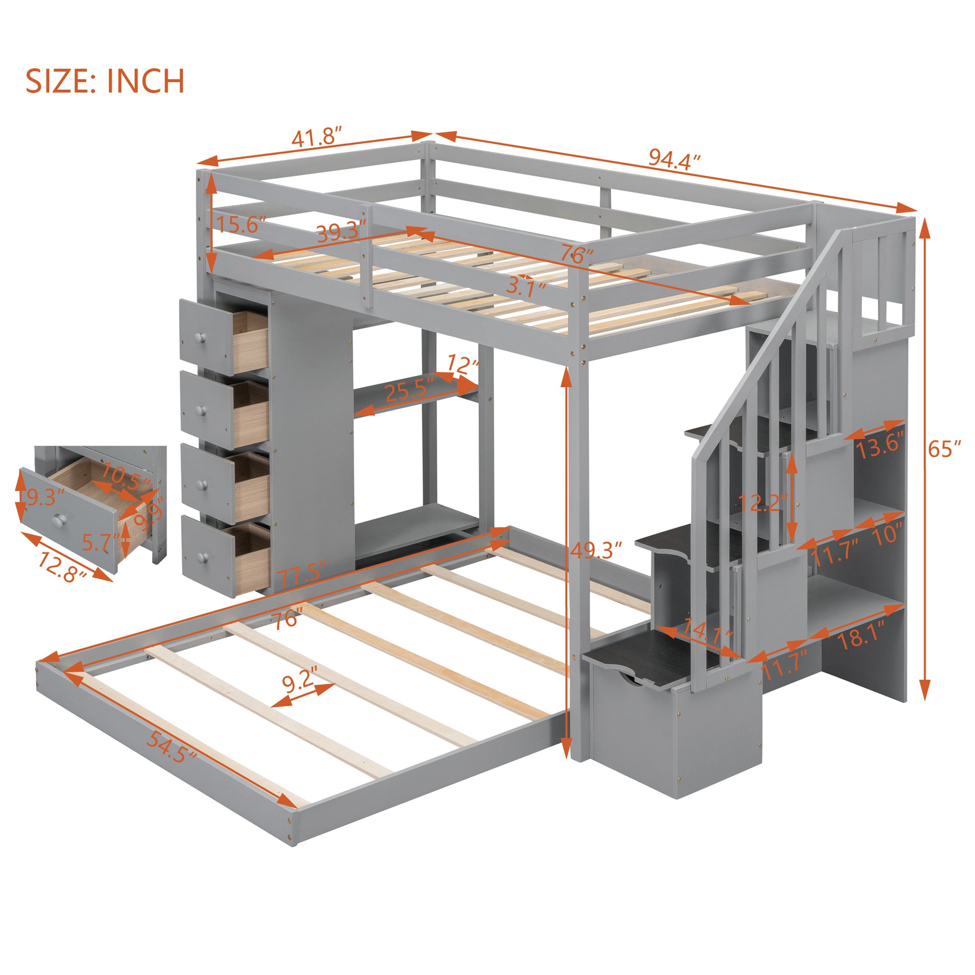 Twin Over Full Bunk Bed With 3 Layer Shelves, Drawers And Storage Stairs, Gray Gray Solid Wood Mdf