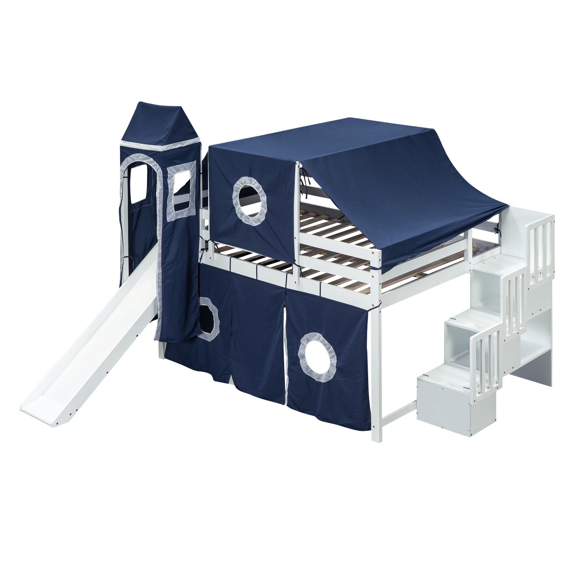 Full Size Loft Bed With Tent And Tower Blue Blue Solid Wood