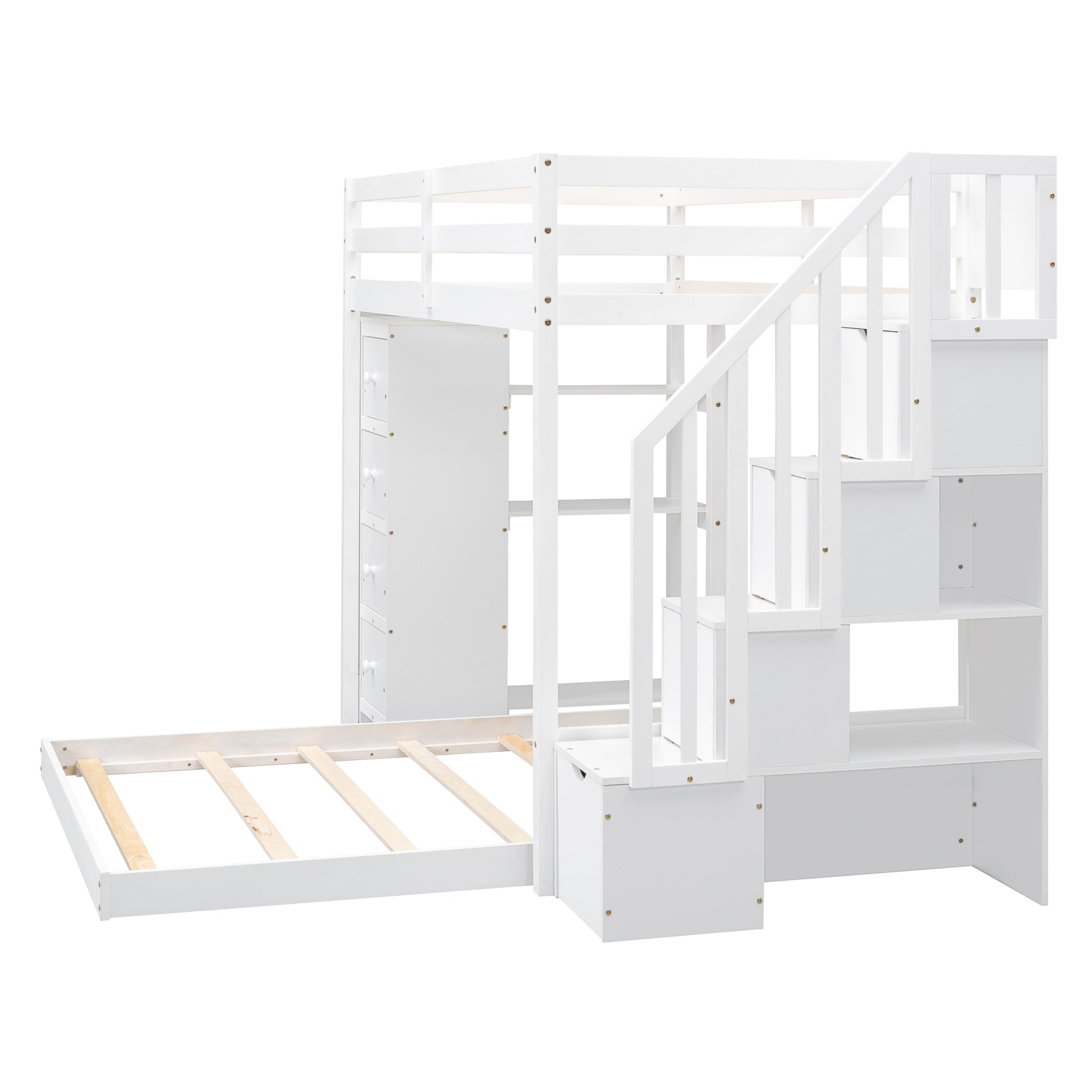 Twin Over Full Bunk Bed With 3 Layer Shelves, Drawers And Storage Stairs, White White Solid Wood Mdf