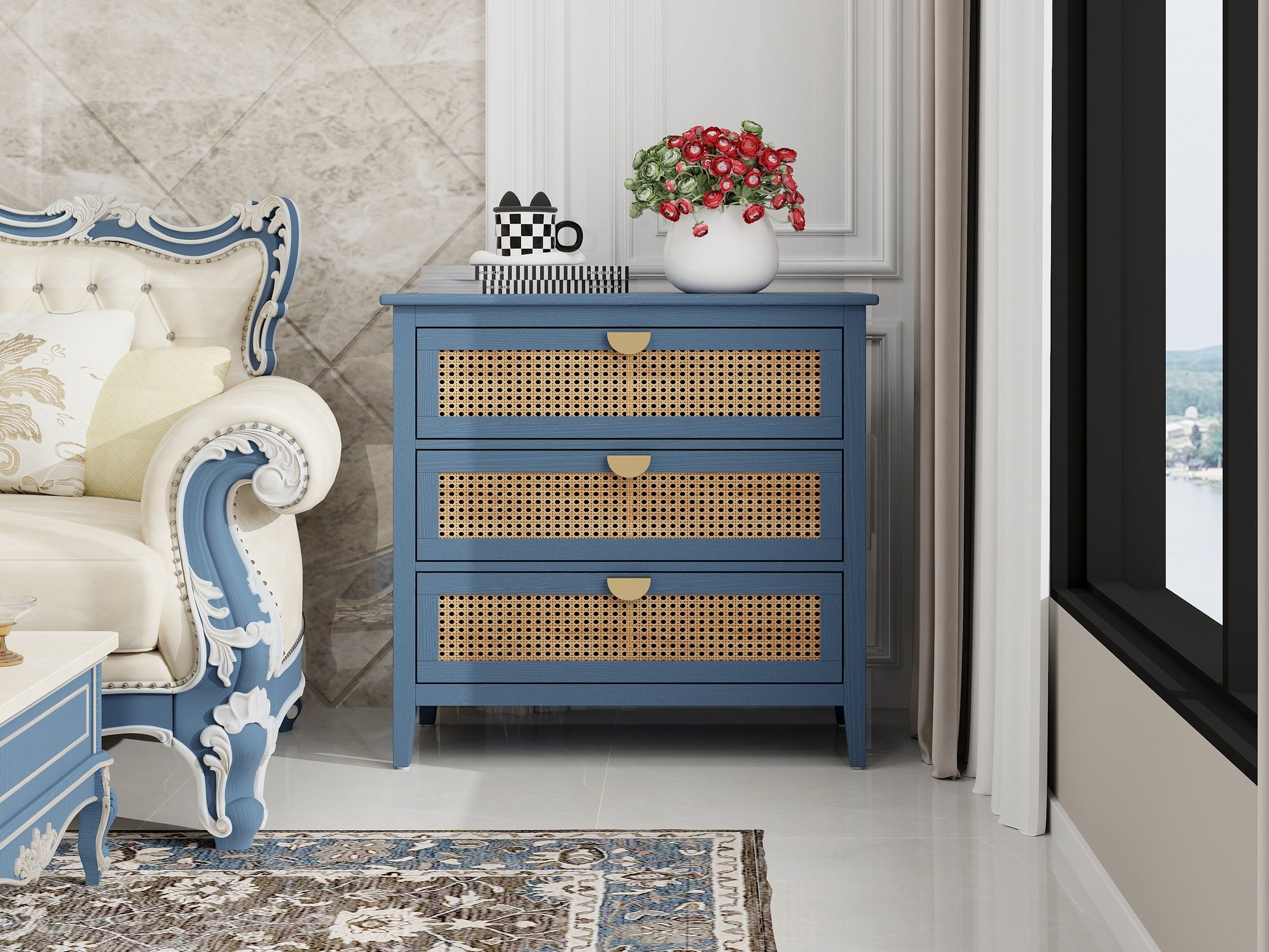 3 Drawer Cabinet,Natural Rattan,American Furniture,Suitable For Bedroom, Living Room, Study Blue Mdf
