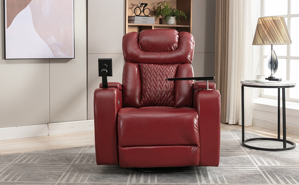 270 Degree Swivel Pu Leather Power Recliner Individual Seat Home Theater Recliner With Comforable Backrest, Tray Table, Phone Holder, Cup Holder, Usb Port, Hidden Arm Storage For Living Room, Red Red Foam Pu Leather