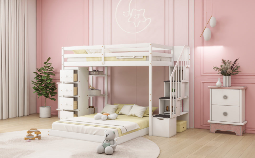 Twin Over Full Bunk Bed With 3 Layer Shelves, Drawers And Storage Stairs, White White Solid Wood Mdf