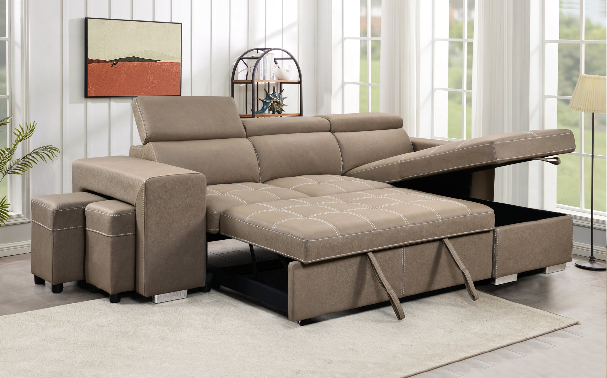 105 Inch Reversible Sectional Sofa With Storage Chaise And 2 Stools, With Adjustable Headrest, Sleeper Contemporary Corner Sectional With Pull Out Sleeper And Chaise ,Light Brown Brown Microfiber Wood Primary Living Space Soft Pillow Back Modern