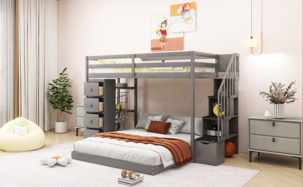 Twin Over Full Bunk Bed With 3 Layer Shelves, Drawers And Storage Stairs, Gray Gray Solid Wood Mdf