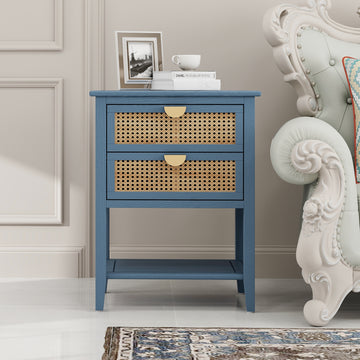 American Furniture,2 Drawer Side Table,Naturel Rattan,End Table,Suitable For Bedroom, Living Room, Study Blue Mdf