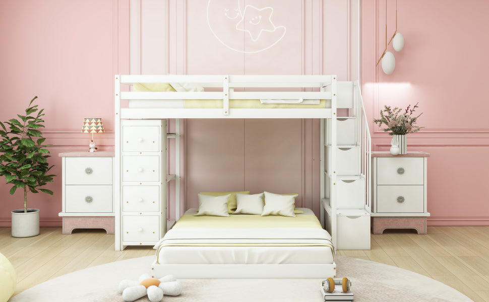 Twin Over Full Bunk Bed With 3 Layer Shelves, Drawers And Storage Stairs, White White Solid Wood Mdf