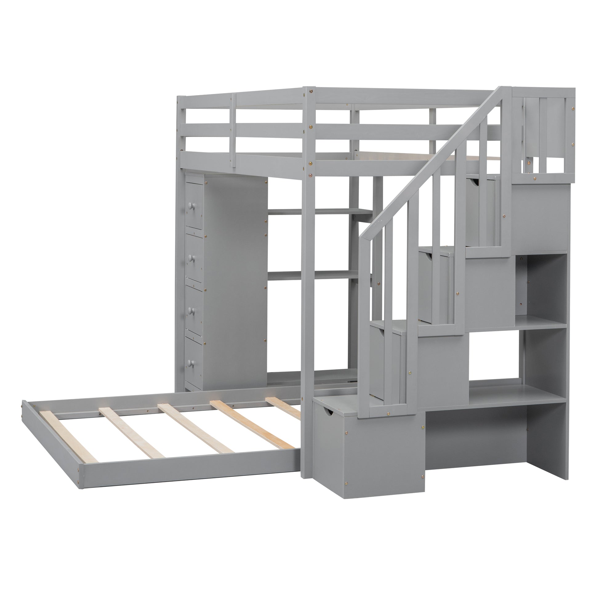 Twin Over Full Bunk Bed With 3 Layer Shelves, Drawers And Storage Stairs, Gray Gray Solid Wood Mdf