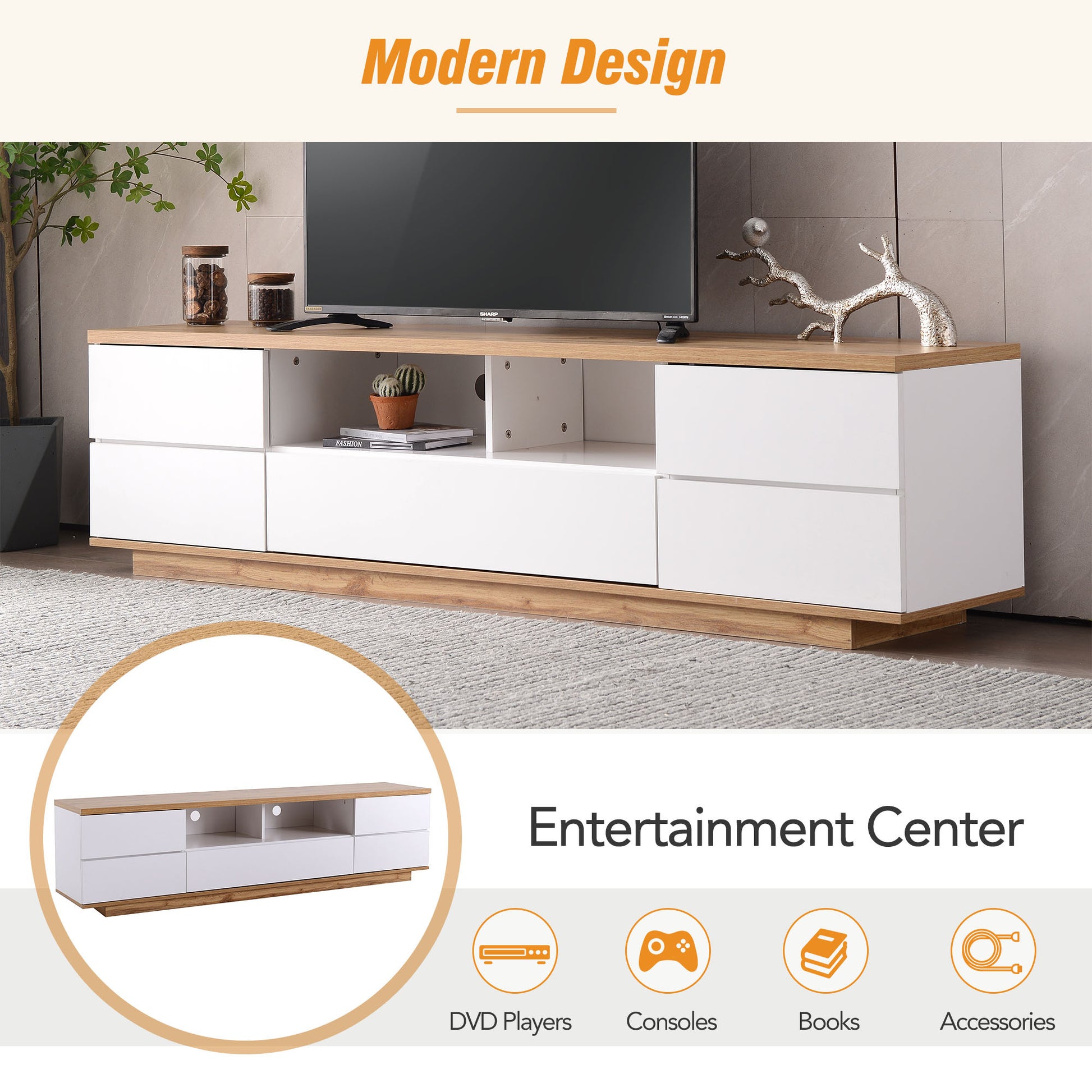 Modern Tv Stand For Tvs Up To 80''Media Console With Multi Functional Storage, Entertainment Center With Door Rebound Device, Tv Cabinet For Living Room,Bedroom White Natural Primary Living Space 70 79 Inches 70 79 Inches 75 Inches Mdf